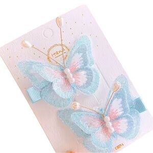 SETS of 2 PCs Butterfly Embroidered Hair Clips for Girls Toddlers Blue Hairpin